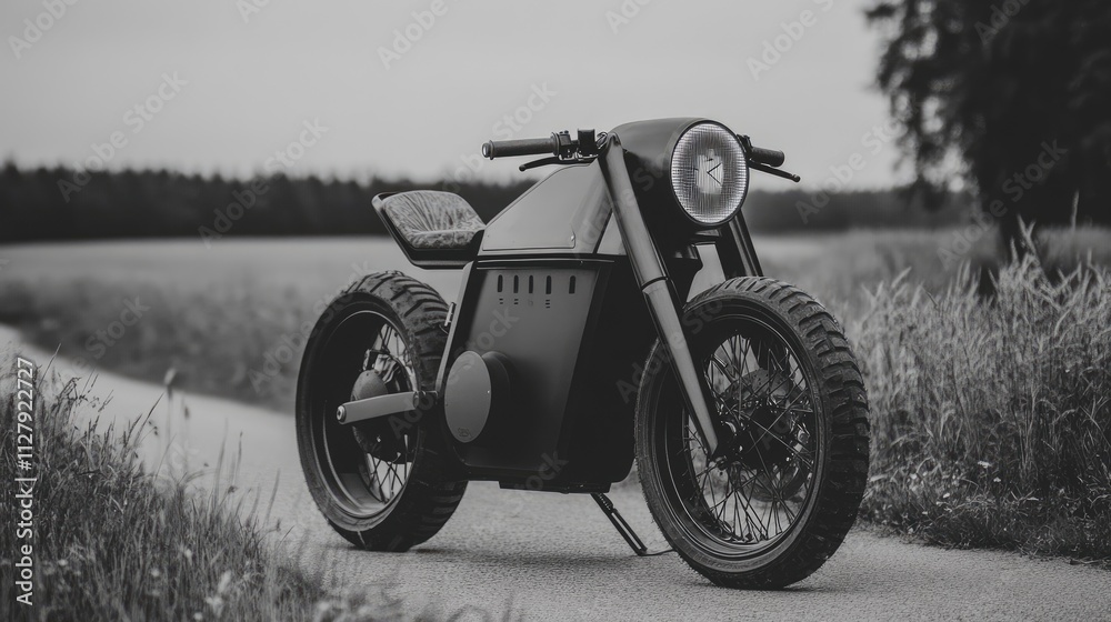 Naklejka premium Sleek Black Motorcycle on Open Road Surrounded by Nature