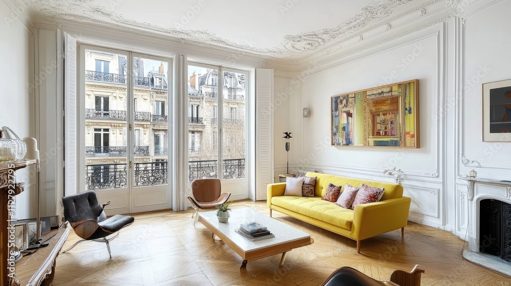 Modern Bright Living Room with Yellow Sofa and Large Windows Modern Bright Living Room with Yellow Sofa and Large Windows