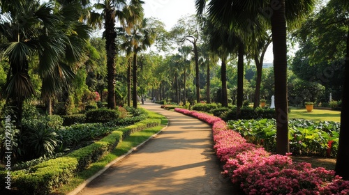 56.A winding walkway through Queen Sirikit Park in Bangkok, bordered by lush tropical plants and vibrant flowers in full bloom. The path is lined with tall palm trees that cast gentle shadows across photo