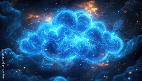 Ethereal Blue Cloud Against a Starry Background with Glowing Cosmic Elements Representing Dreamy and Fantastical Atmosphere for Creative Concepts