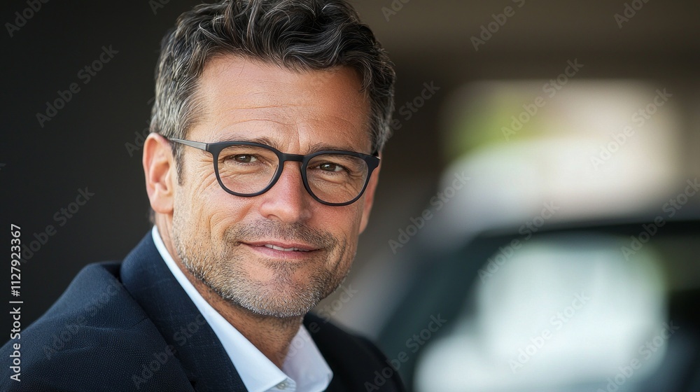 With a cheerful smile, a confident middle aged professional, dressed in a smart suit, stands against a contemporary backdrop With a cheerful smile, a confident middle aged professional, dressed in a smart suit, stands against a contemporary backdrop