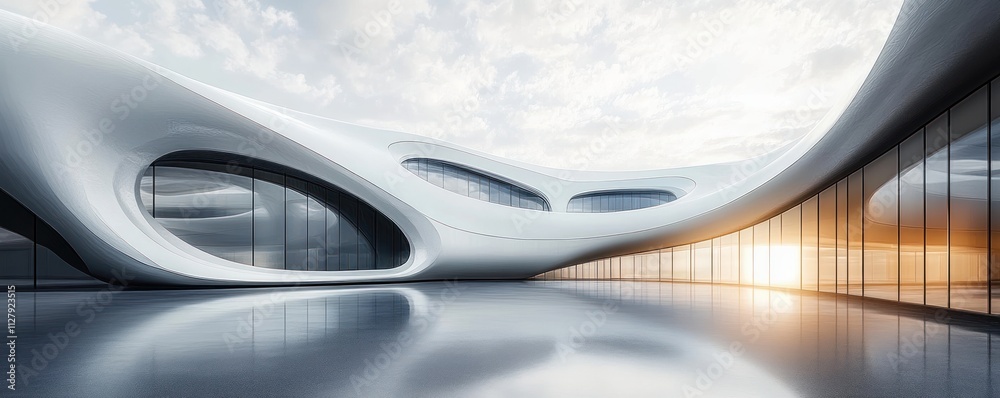 Contemporary Futuristic Minimalist Architecture Design with Sleek Curves Glass Elements Open Space Courtyard Showcase Area Contemporary Futuristic Minimalist Architecture Design with Sleek Curves Glass Elements Open Space Courtyard Showcase Area