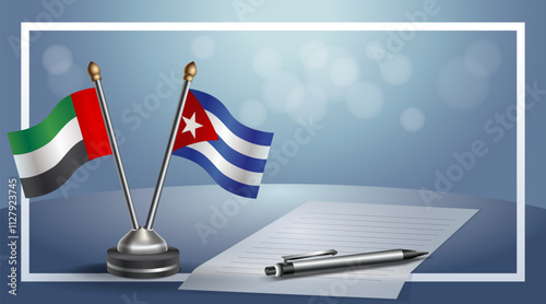 United Arab Emirate and Cuba National flags on small table with bokeh background, cooperative relationship