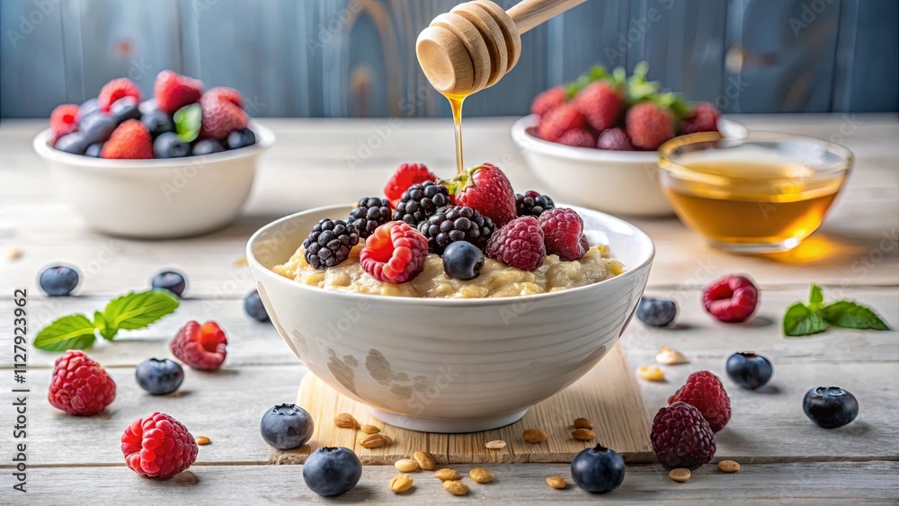 A delightful bowl of creamy porridge topped with a medley of fresh raspberries, blackberries, and blueberries, drizzled with golden honey. A delightful bowl of creamy porridge topped with a medley of fresh raspberries, blackberries, and blueberries, drizzled with golden honey.