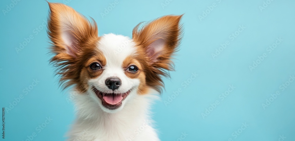 Happy Papillon puppy portrait against a light blue background. Happy Papillon puppy portrait against a light blue background.