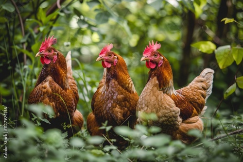 Three Brown Chickens in Lush Green Foliage. photo