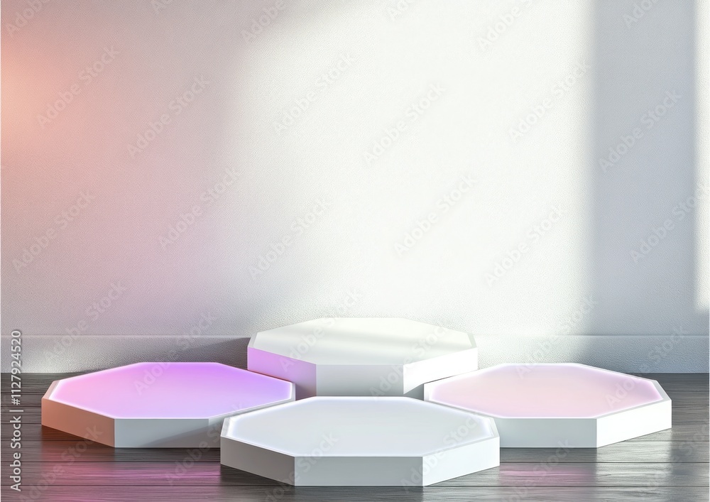 Illuminated hexagonal podiums on wooden floor. Illuminated hexagonal podiums on wooden floor.