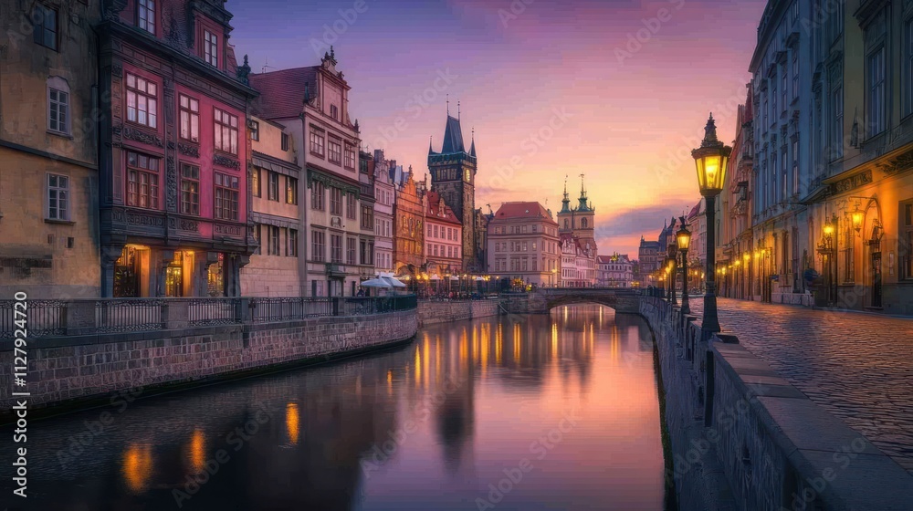 Fototapeta premium Historic European city skyline, cobblestone streets, river running through, twilight, 