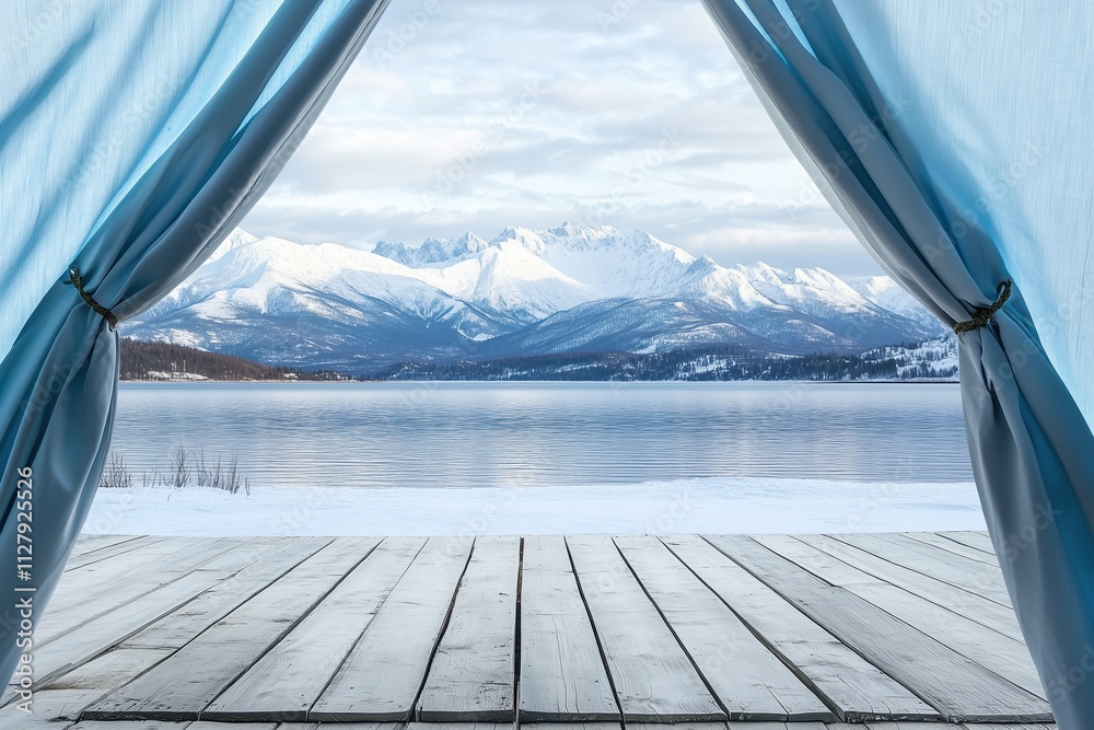 Fototapeta premium Scenic View Through Curtains of Snow-Covered Mountains and Lake in a Winter Wonderland