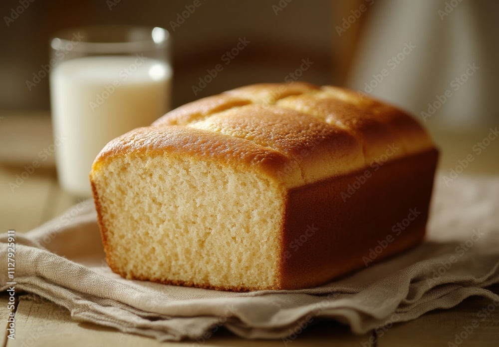 Freshly Baked Loaf of Soft White Bread with a Glass of Milk on a Wooden Table Perfect for Breakfast or Snack in a Cozy Kitchen Setting Freshly Baked Loaf of Soft White Bread with a Glass of Milk on a Wooden Table Perfect for Breakfast or Snack in a Cozy Kitchen Setting