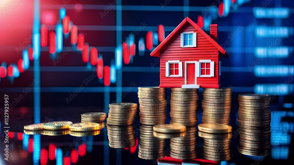 A model house on stacks of coins, symbolizing real estate investment and financial growth.