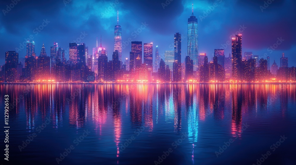Vibrant cityscape at night, reflecting in calm water. Vibrant cityscape at night, reflecting in calm water.