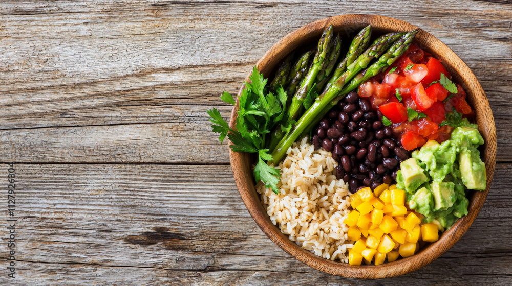 rustic wooden bowl filled with colorful vegetarian burrito bowl, featuring rice, black beans, fresh rustic wooden bowl filled with colorful vegetarian burrito bowl, featuring rice, black beans, fresh