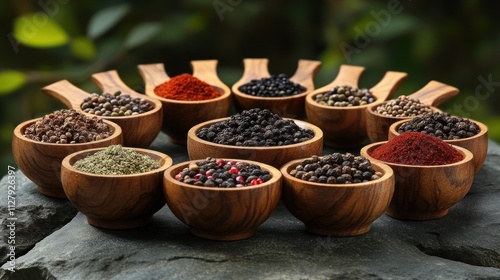 Fototapeta Naklejka Na Ścianę i Meble -  Assorted peppercorns and spices in wooden bowls.