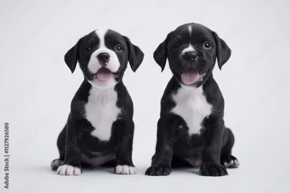Two adorable black and white puppies sitting side by side against a white background. Two adorable black and white puppies sitting side by side against a white background.