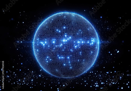 Futuristic Blue Glow Sphere with Digital Particles on Dark Background for Abstract Technology, Science, or Space Designs and Concepts