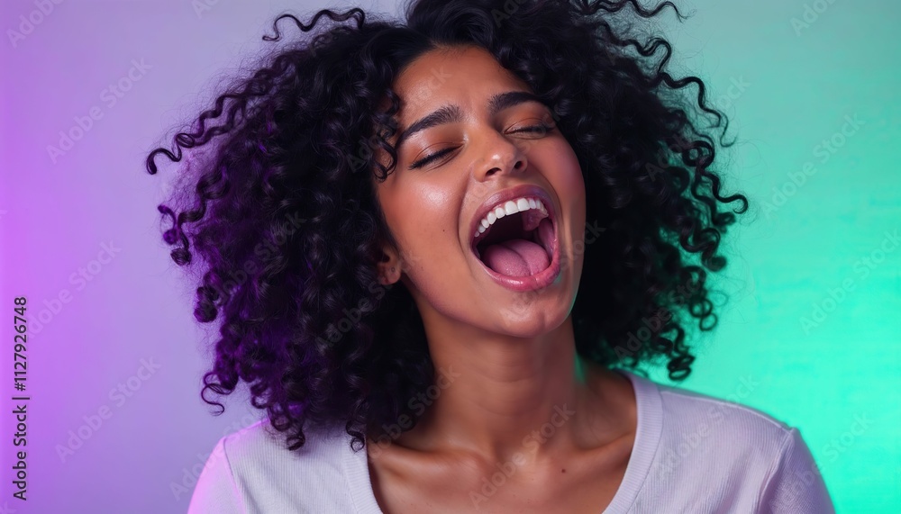 Radiant Laughter: A young woman with curly hair and a bright smile radiates joy and authentic happiness against a vibrant gradient backdrop. This image captures a moment of pure, unbridled joy. Radiant Laughter: A young woman with curly hair and a bright smile radiates joy and authentic happiness against a vibrant gradient backdrop. This image captures a moment of pure, unbridled joy.