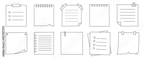 Memo frame note paper line sheet set. Notebook paper note frame for task list, to do list sticker sheet. Hand drawn sketch line style reminder sticker. Vector illustration.