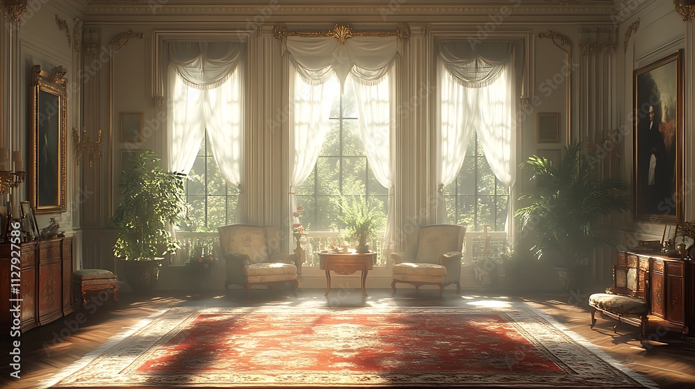 Fototapeta premium Elegant antique room with large windows. Concept of luxury, history, and classic interior design.