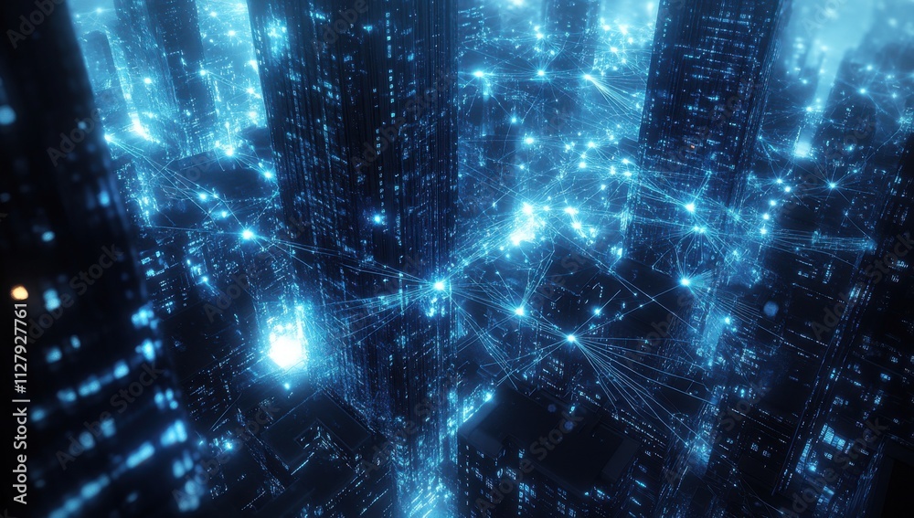Obraz premium Futuristic Cityscape with Neon Lights and Network Connections, Representing Urban Technology and Digital Innovation in a High-Tech Environment