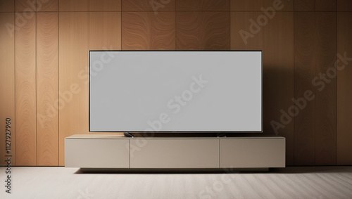 AI generative. Illustration of television mockup with wood panel in living room. 1 photo