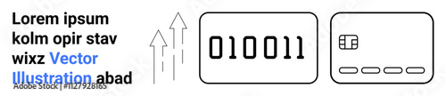 Binary code and credit card outline with growth arrows and placeholder text. Ideal for technology, finance, online transactions, cybersecurity, data analysis, digital marketing, business innovation