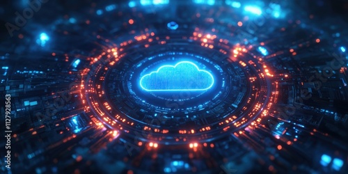 Futuristic Cloud Computing Concept with Neon Circular Design and Digital Patterns Representing Data Storage and Technology Innovation