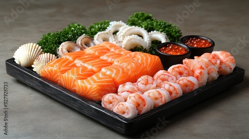 Assorted seafood platter with salmon, shrimp, squid, and caviar. photo