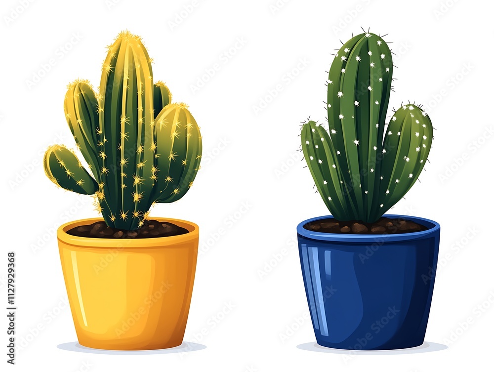 Two potted cacti plants in yellow and blue pots Two potted cacti plants in yellow and blue pots