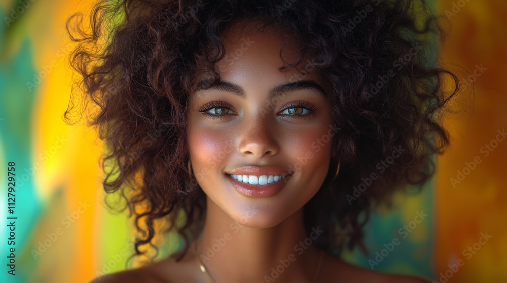 Radiant Portrait of a Joyful Woman with Curly Hair in Colorful Setting Radiant Portrait of a Joyful Woman with Curly Hair in Colorful Setting