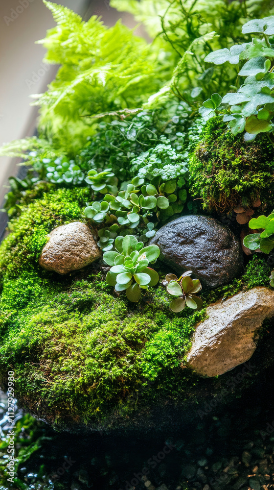 Miniature Moss Garden Kokedama Terrarium: Green Plants, Stones, and Pebbles Miniature Moss Garden Kokedama Terrarium: Green Plants, Stones, and Pebbles