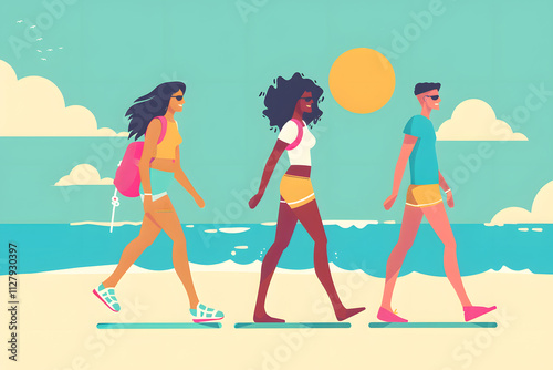 Three friends in beachwear and backpacks walk happily along the sunny beach, embodying summer, vacation, and leisure vibes. Keywords adventure, friends, relaxation, ocean, travel, youth