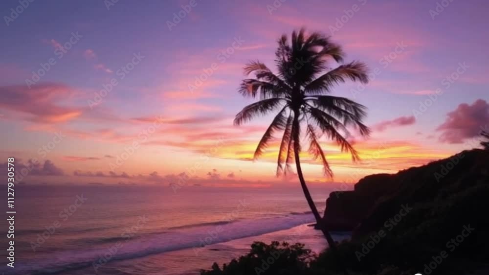 A breathtaking tropical beach scene at sunset video. Silhouetted palm trees frame a vibrant sky awash in pink, orange, and purple hues as the sun dips below the horizon videos.
