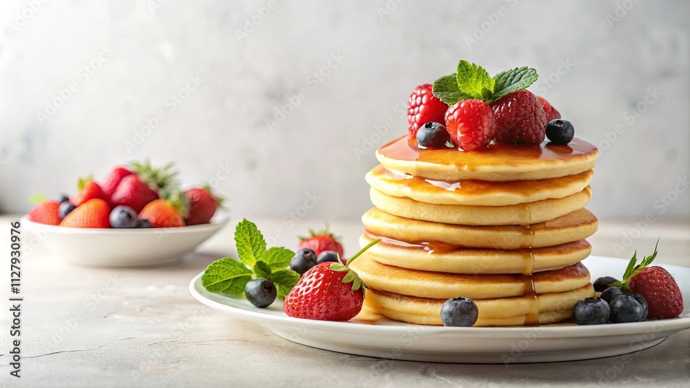 A delicious stack of fluffy pancakes, drizzled with golden syrup and topped with fresh raspberries, blueberries, and strawberries, served with a side of mixed berries. A delicious stack of fluffy pancakes, drizzled with golden syrup and topped with fresh raspberries, blueberries, and strawberries, served with a side of mixed berries.