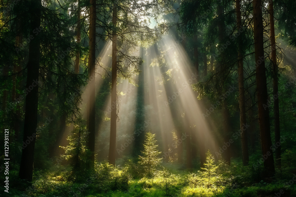 Fototapeta premium A peaceful image of a dense forest with rays