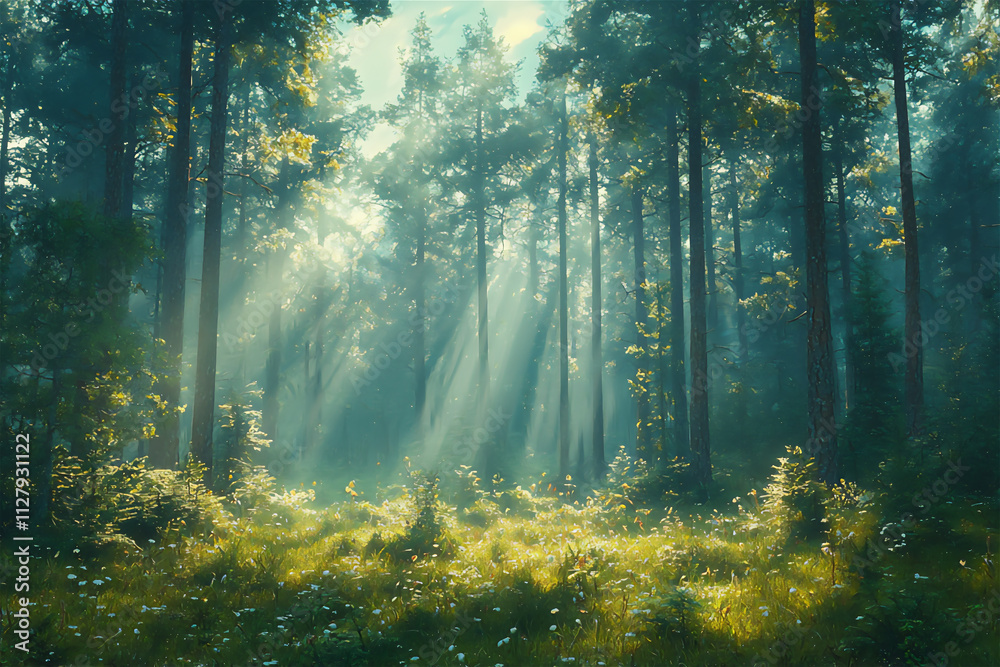 A peaceful image of a dense forest with rays A peaceful image of a dense forest with rays