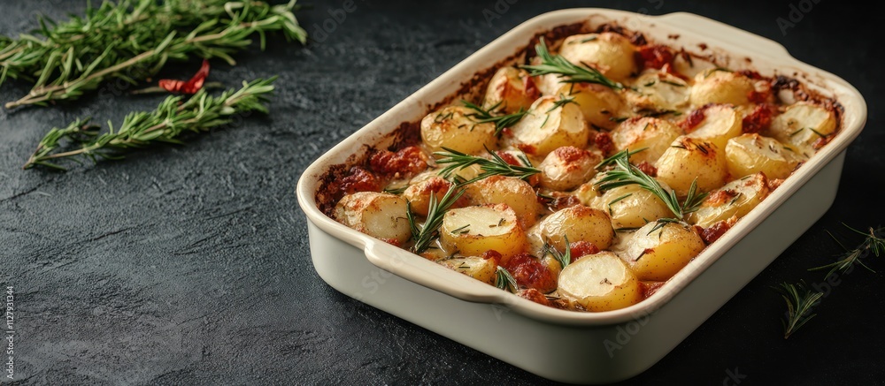 Rosemary roasted potatoes in baking dish on dark background copy space Rosemary roasted potatoes in baking dish on dark background copy space