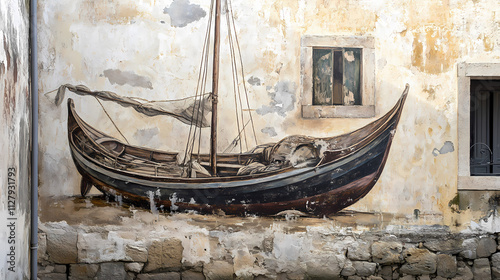 Beautiful fresco painting of a boat in descobrimentos, portugal. Fresco. Illustration photo