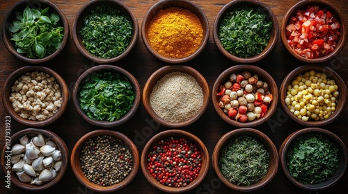 Fototapeta Naklejka Na Ścianę i Meble -  Assorted spices and herbs in bowls.