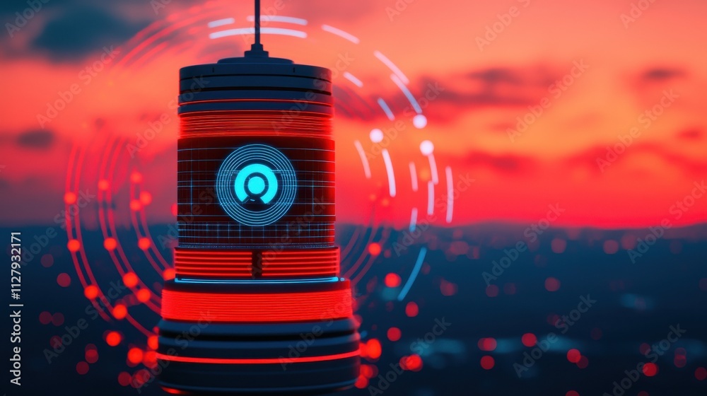 Naklejka premium A futuristic tower with glowing red elements and a digital display, set against a vibrant sunset sky, symbolizes technology and innovation.