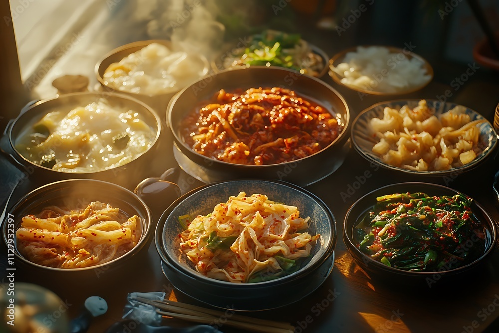 A vibrant spread of various Asian dishes served in bowls, showcasing culinary diversity.