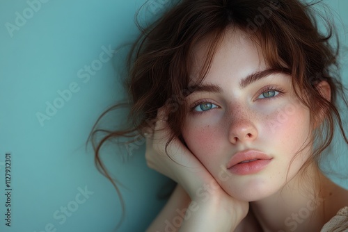 Woman Skincare Beauty Pastel Blue Soft Lighting Calm Introspection