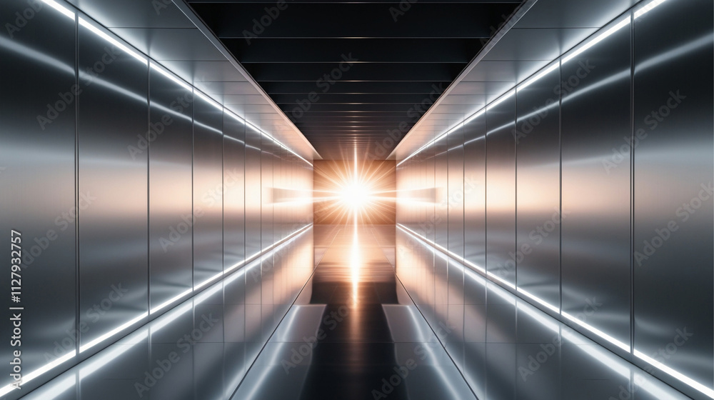 Fototapeta premium A futuristic silver hallway with a glowing light at the end,silver hallway with a bright light at the end,Empty silver futuristic corridor with a glowing light in the distance