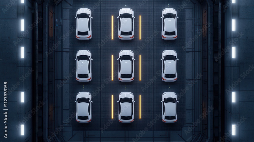 Aerial view of a modern parking lot with white cars arranged in a grid, illuminated by overhead lights, showcasing a sleek and organized design. Aerial view of a modern parking lot with white cars arranged in a grid, illuminated by overhead lights, showcasing a sleek and organized design.