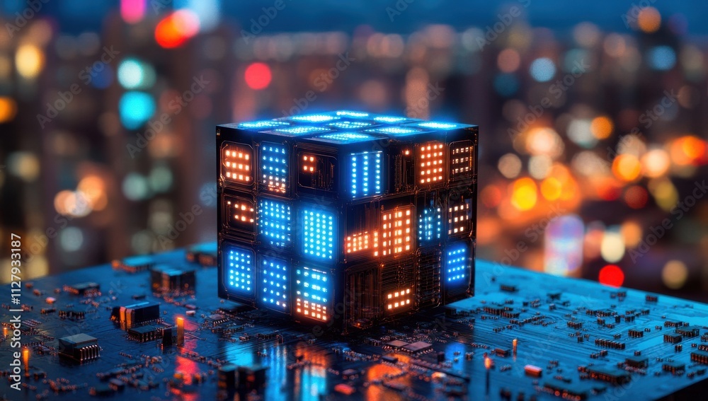 Futuristic glowing cube with illuminated patterns set against a blurred urban background showcasing vibrant lights and advanced technology concepts Futuristic glowing cube with illuminated patterns set against a blurred urban background showcasing vibrant lights and advanced technology concepts