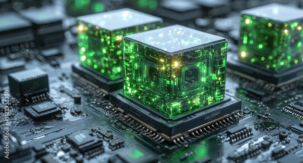 Futuristic Green Illuminated Microchips on a High-Tech Circuit Board Showcasing Advanced Technology and Innovation in Electronics and Computing Futuristic Green Illuminated Microchips on a High-Tech Circuit Board Showcasing Advanced Technology and Innovation in Electronics and Computing
