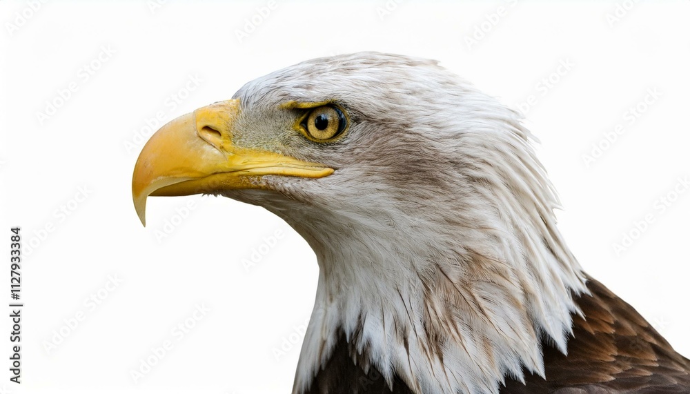 Majestic bald eagle in profile, showcasing its sharp gaze and impressive feathers against a stark white background. Majestic bald eagle in profile, showcasing its sharp gaze and impressive feathers against a stark white background.