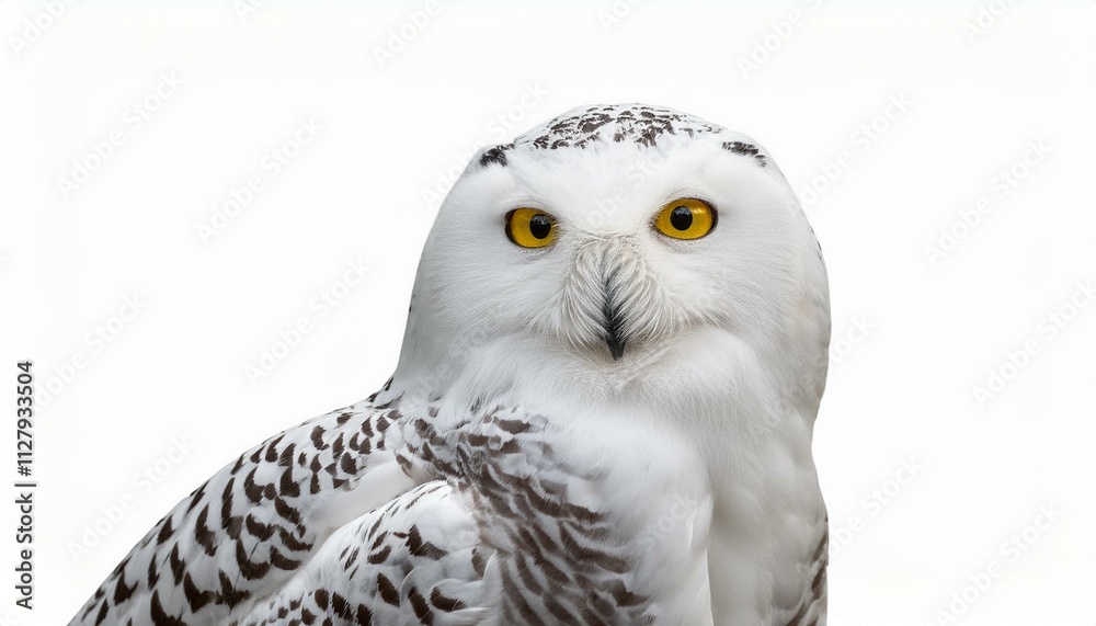 Majestic snowy owl with piercing yellow eyes.