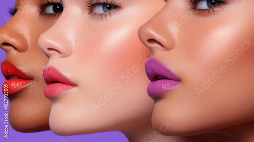 The image features three women with diverse skin tones, showcasing vibrant lip colors against a purple background, highlighting beauty and diversity.