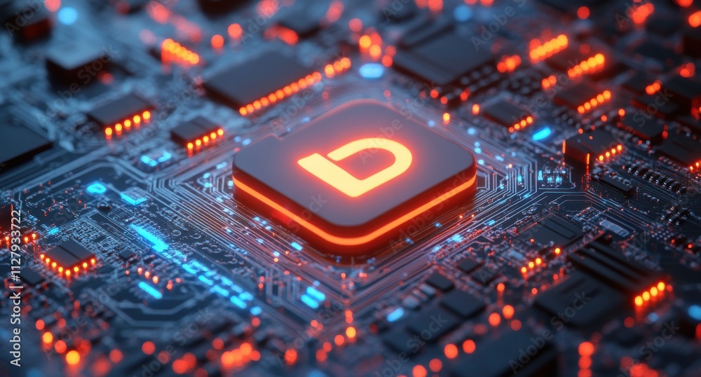 Fototapeta premium Futuristic Microchip with Neon Lights Displaying Letter D on Circuit Board, Technology Background Featuring Glowing Components and Complex Patterns